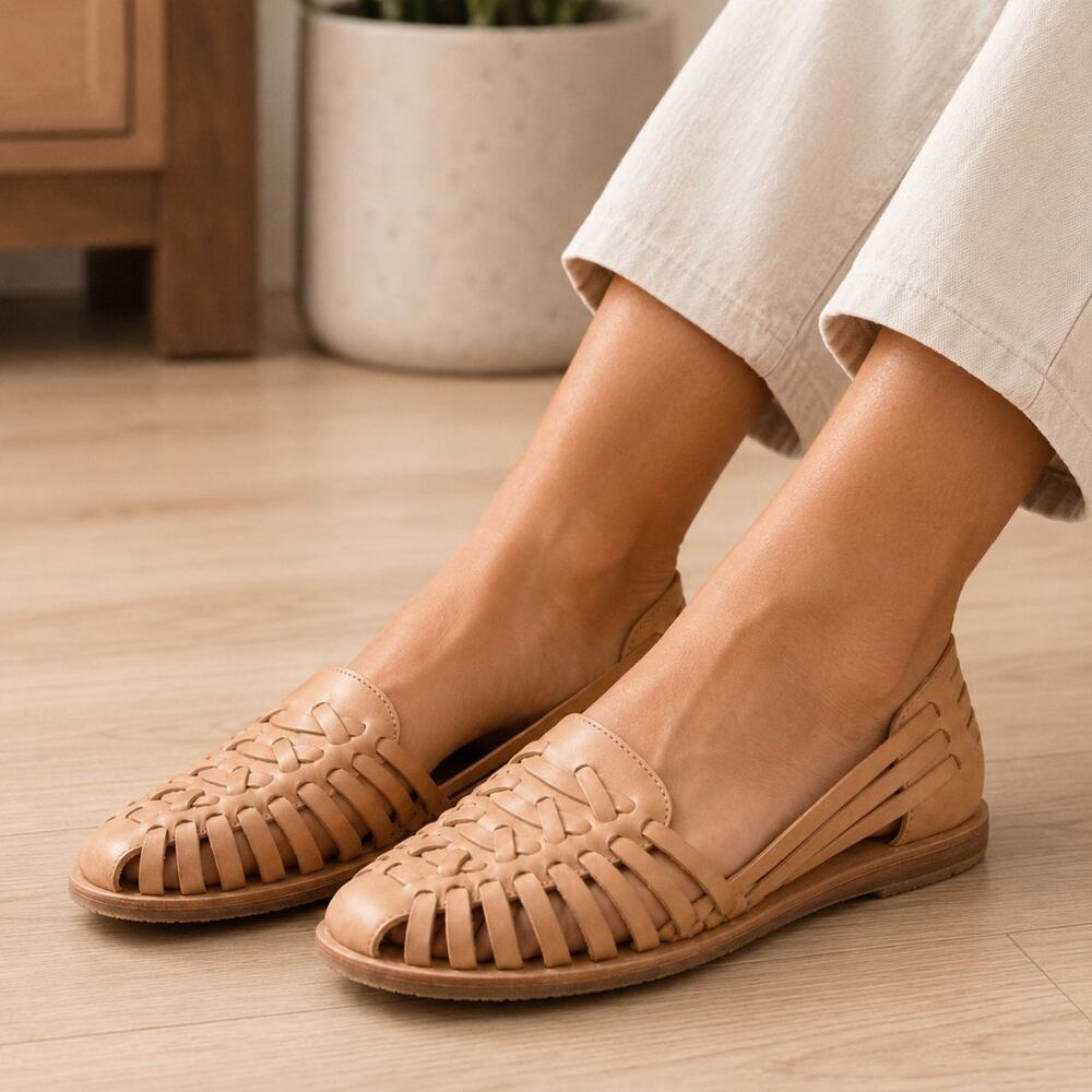 Nisolo Huarache Almond Tan Woven Leather Sandals Women's Size 9